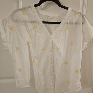 Lucky Brand White Button Down Shirt with Yellow Floral Embroidery